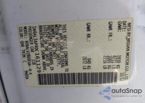 2013 Nissan Altima 2.5 Sl z USA, uszkodzony, nr VIN 1N4AL3AP4DC161129